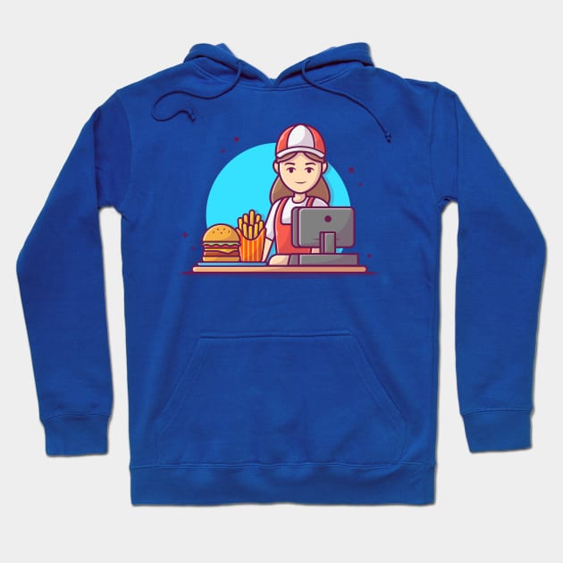 Cashier Serving Order for Burger And French Fries With Cash Register Cartoon Hoodie by Catalyst Labs